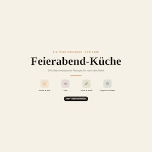 Könnte beinhalten: Ein digitales Kochbuch mit dem Titel Feierabend-Küche und dem Untertitel 20 kohlenhydratarme Rezepte für nach der Arbeit. Es enthält vier Symbole für Pfanne & Wok, Ofen, Salate & Bowls sowie Suppen & Eintöpfe und einen PDF-Sofort-Download-Button.