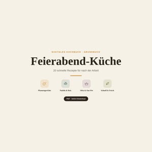 Puede incluir: Un libro de cocina digital titulado Feierabend-Küche con el subtítulo 20 schnelle Rezepte für nach der Arbeit. Incluye cuatro iconos que representan las categorías: Pfannengerichte, Nudeln & Reis, Ofen & One-Pot y Schnell & Frisch, con un botón de PDF-Sofort-Download.