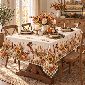 May include: A rectangular tablecloth featuring a repeating print of a figure with long hair and a robe holding a lamb, surrounded by sunflowers, pumpkins, wheat, and autumn leaves, with a green and white checkered border along the bottom edge.