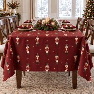 May include: A deep red rectangular tablecloth featuring a repeating pattern of nutcracker figures in traditional uniforms interspersed with small gold starbursts. The fabric covers a dining table set with white plates, glassware, and a centerpiece.