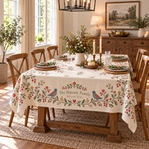 May include: A rectangular cream-colored tablecloth featuring a botanical pattern of red berries, green leaves, and blue birds. The center text reads The Bennett Family Welcome Home, framed by a heart and floral vines, draped over a wooden table.