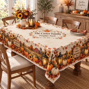 May include: A rectangular tablecloth featuring a fall-themed print with pumpkins, sunflowers, lanterns, and a wooden fence. The center displays the text The Carter Family Pumpkin Patch Est. 2026. The fabric has a cream background with orange and brown leaves.