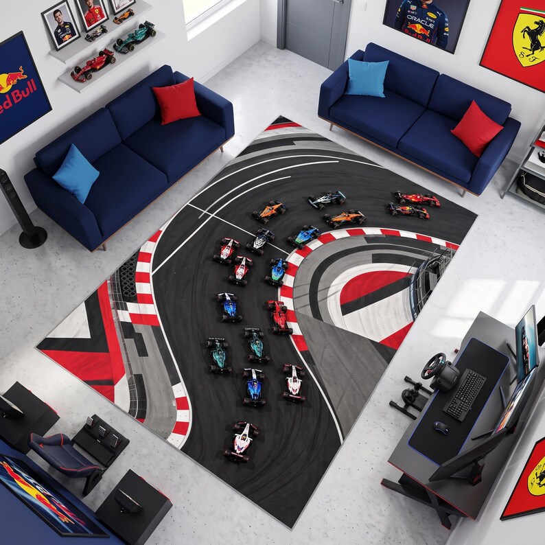Car Racing Rug Kids Formula Racing Rug: Grand Prix Cars, Aerial Race Track Design ...