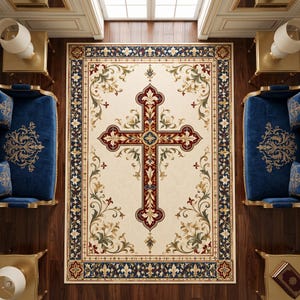 May include: A rectangular area rug featuring a cream-coloured centre with a large, ornate, deep red and gold cross design. The rug is bordered by a dark blue frame decorated with intricate gold and white floral patterns and symmetrical scrollwork.