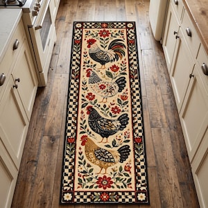 May include: A rectangular runner rug featuring a cream-colored background with four distinct chicken illustrations arranged vertically. The design includes red floral accents, green leaves, and a black and white checkered border surrounding the entire rug.