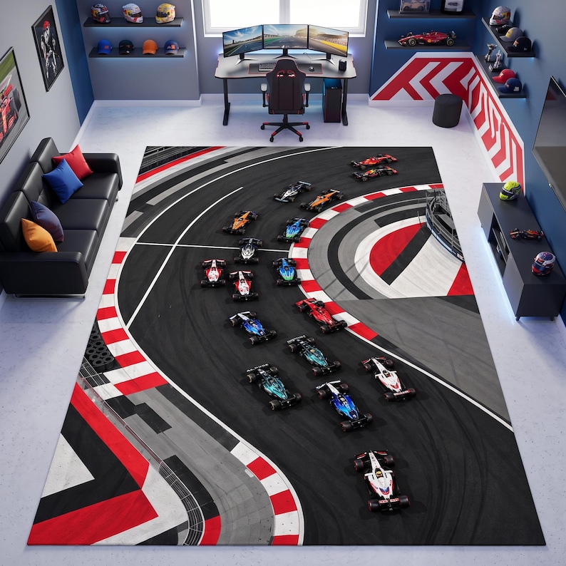 Car Racing Rug Kids Formula Racing Rug: Grand Prix Cars, Aerial Race Track Design ...