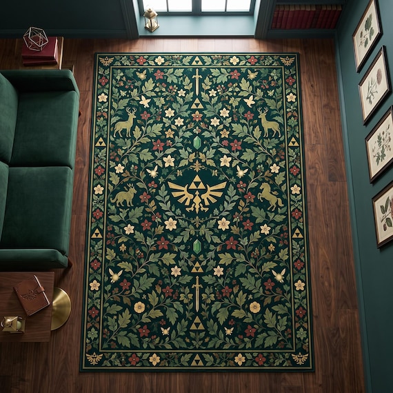 Zelda Gaming Rug: Dark Green Hyrule Floral Triforce Pattern, Fantasy Gamer Area Carpet