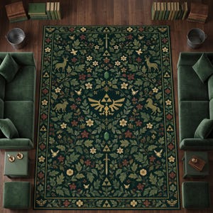 K&ouml;nnte beinhalten: Ein rechteckiger Teppich mit dunkelgr&uuml;nem Hintergrund und einem dichten botanischen Muster aus Bl&auml;ttern, Ranken und Blumen. Das Design zeigt ein zentrales goldenes Triforce-Emblem, Schwerter, Hirsche, ein Pferd und kleine gefl&uuml;gelte Feen.
