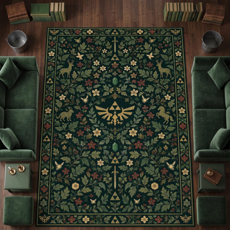 K&ouml;nnte beinhalten: Ein rechteckiger Teppich mit dunkelgr&uuml;nem Hintergrund und einem dichten botanischen Muster aus Bl&auml;ttern, Ranken und Blumen. Das Design zeigt ein zentrales goldenes Triforce-Emblem, Schwerter, Hirsche, ein Pferd und kleine gefl&uuml;gelte Feen.