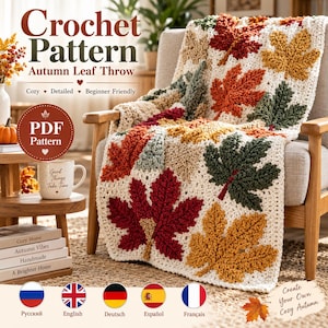 Può includere: Uno schema all'uncinetto per una coperta con foglie autunnali, caratterizzata da una coperta color crema decorata con motivi a foglia testurizzati e in rilievo nei toni del rosso, arancione, giallo e verde. Il testo recita Crochet Pattern Autumn Leaf Throw PDF Pattern.
