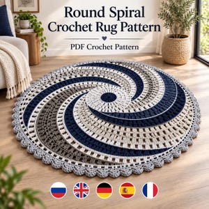 May include: A round crochet rug featuring a spiral pattern in navy blue, light grey, and white yarn. The rug has a scalloped edge and is displayed with text that reads Round Spiral Crochet Rug Pattern and PDF Crochet Pattern above it.