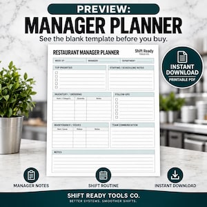May include: A white printable Restaurant Manager Planner template with black text and lines. Sections include Top Priorities, Staffing, Inventory, Follow-ups, Maintenance, Team Communication, and Notes. The header displays Shift Ready Tools Co.