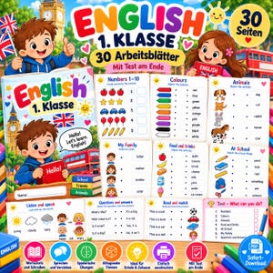 May include: An educational workbook titled English 1. Klasse featuring 30 worksheets for children. The cover displays cartoon characters, Big Ben, and a red bus. The interior pages show matching exercises for numbers, colours, animals, family, food, and school items.