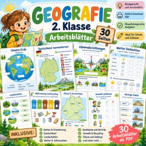 Könnte beinhalten: Ein digitales Arbeitsblatt-Set mit dem Titel GEOGRAFIE 2. Klasse, das 30 Seiten mit Geografie-Übungen für Kinder enthält. Die Seiten umfassen Karten der Erde und Deutschlands, Kompass-Aufgaben, Wettertabellen sowie Übungen zum Thema Recycling.