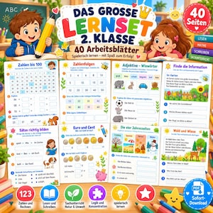 Learning set for 2nd grade (PDF, based on curriculum) | 40 worksheets for math, German, reading & science | Printable elementary school workbook