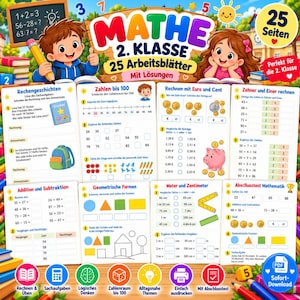 May include: A collection of educational maths worksheets for second grade students featuring colourful illustrations of children, coins, geometric shapes, and rulers. The pages include exercises on addition, subtraction, currency, and measurement with German text.