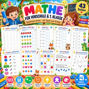 Könnte beinhalten: Ein farbenfrohes Lernheft mit dem Titel Mathe für Vorschule & 1. Klasse, das Zeichentrickfiguren, mathematische Übungen wie Addition, Subtraktion, Zählen, Formen, Musterfolgen und Punkt-zu-Punkt-Aufgaben für junge Schüler enthält.