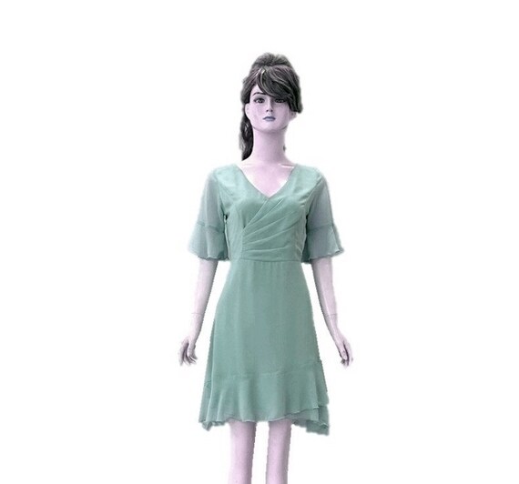 Slate Green Bridesmaid Dress. Slate Green Evening Dress. Silk Knee Length Dress. Dress With Sleeves.