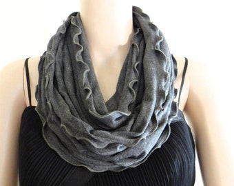 Charcoal Grey Infinity Scarf.  Charcoal Grey Circle Scarf. Ruffle Edge Scarf. Soft Cotton Spandex Loop Scarf.