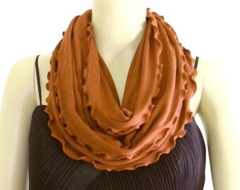 Burnt Orange Infinity Scarf. Women Scarf. Ruffle Edge Scarf. Soft Cotton Spandex Scarf. Burnt Orange Circle Scarf.