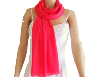 Coral Red Long Scarf. Coral Red Shawl. Long Chiffon Scarf. Coral Red Wrap Scarf.