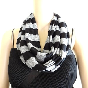 Black And Grey Striped Circle Scarf. Striped Infinity Scarf. Soft Cotton Scarf.