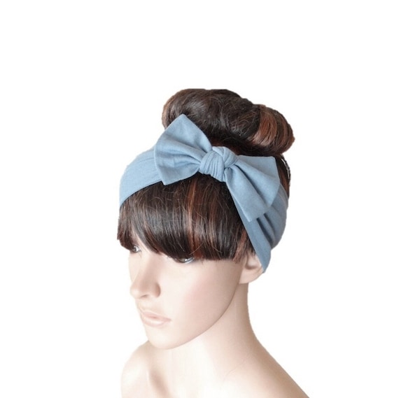 Dusty Blue Hairband. Cotton Spandex Headband Bow Hair Wrap  display picture 2