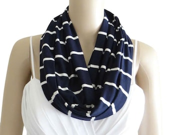 Navy Blue And White Stripe Circle Scarf. Stripe Infinity Scarf. Soft Cotton Spandex Scarf.