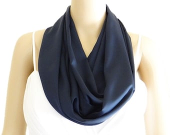 Navy Blue Infinity Scarf. Navy Blue Circle Scarf. Soft Silk Loop Scarf. Fashion Scarf.