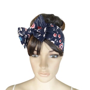 Navy Blue And Pink Stretch Flower Hairband. Bow Headband Stretch Head Wrap. Soft Cotton Spandex Hair Wrap.