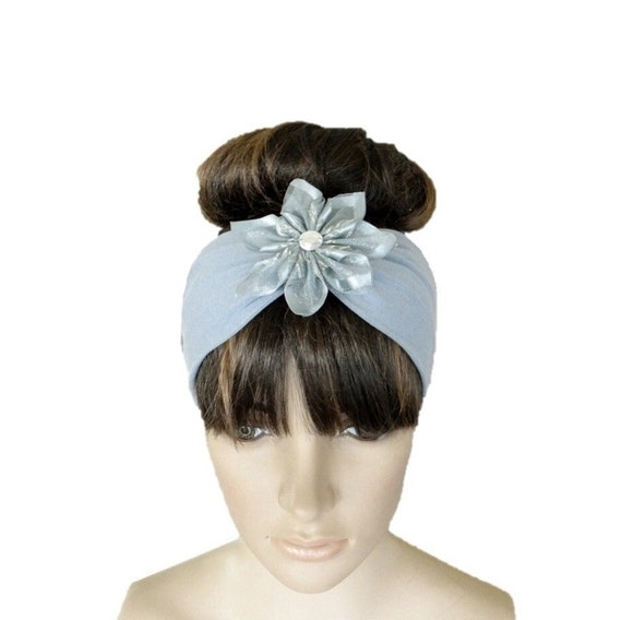 Slate Blue Cotton Spandex Headband Flower Hair Wrap