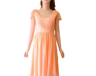 Peach Bridesmaid Dress. Peach Evening Dress. Chiffon Knee Length Dress. Dress With Sleeves.