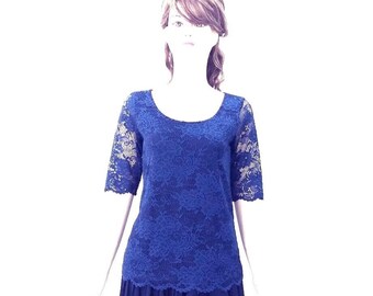 Blue Bridesmaid Top. Top With Sleeves. Stretch Lace Top. Blue Party Blouse.