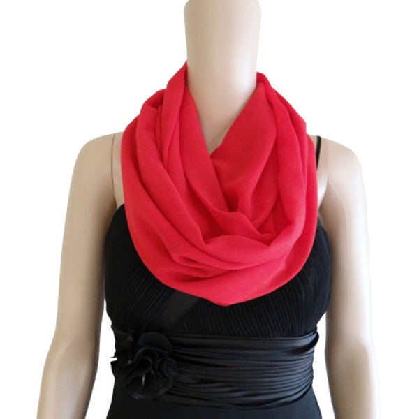 Red Circle Scarf. Infinity Scarf. Red Chiffon Scarf