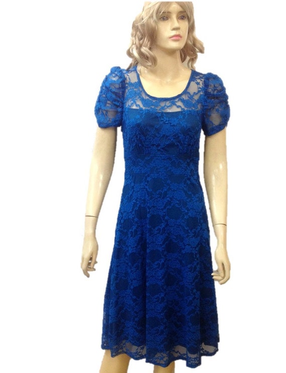 Blue Lace Bridesmaid Dress. Blue Evening Dress. Dress With Sleeves. Blue Knee Length Dress.