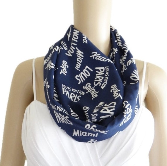 Words Print Infinity Scarf. Navy Blue And White Printed Circle Scarf