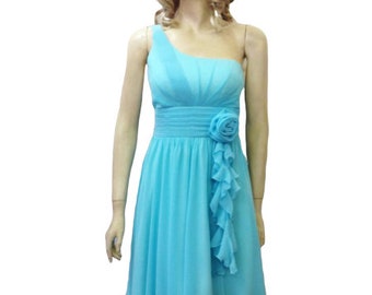 May include: A one-shoulder, light blue chiffon dress with a ruffled detail and a large flower accent at the waist.