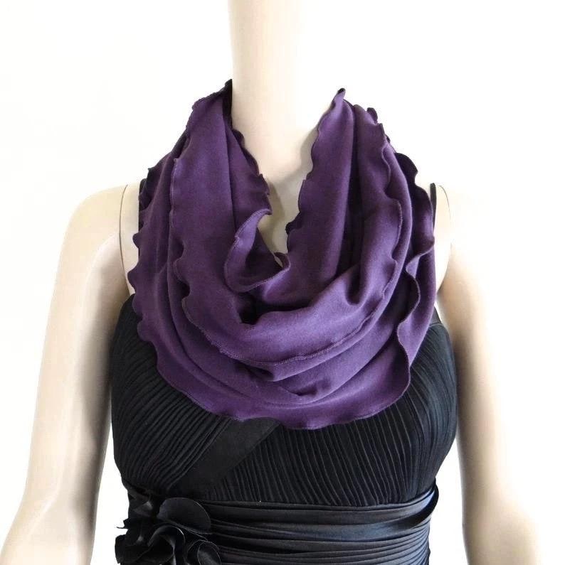 Dark Purple Circle Scarf. Ruffle Edge Scarf, Soft Cotton Scarf. Dark