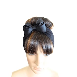 Black Bow Hairband. Black Headband Stretch Head Wrap. Soft Cotton Spandex And Ribbon Hair Wrap.