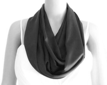Black Circle Scarf. Fashion Loop Scarf. Soft Silk Infinity Scarf.