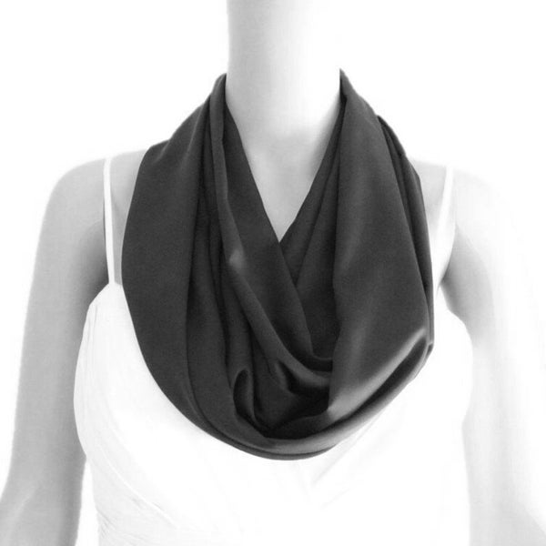 Black Circle Scarf. Fashion Loop Scarf. Soft Silk Infinity Scarf.