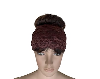 Brown Hairband. Brown Headband Stretch Head Wrap. Soft Stretch Lace Hair Wrap.