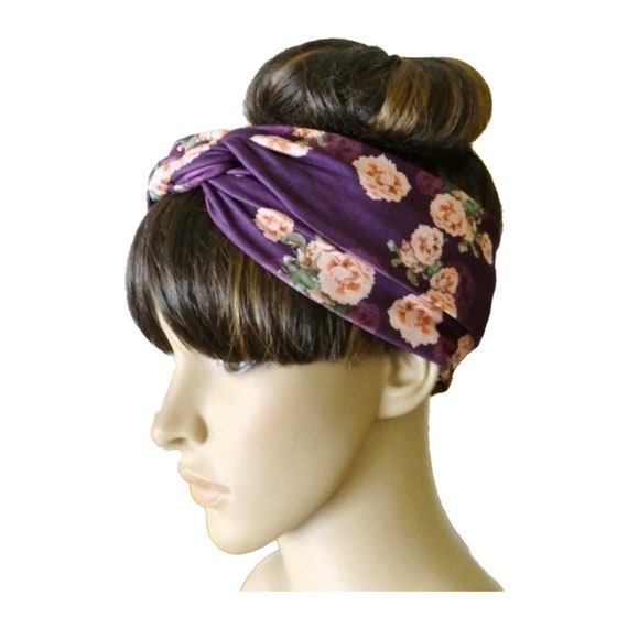 Purple and Peach Floral Hairband. Braided Headband. Cotton 