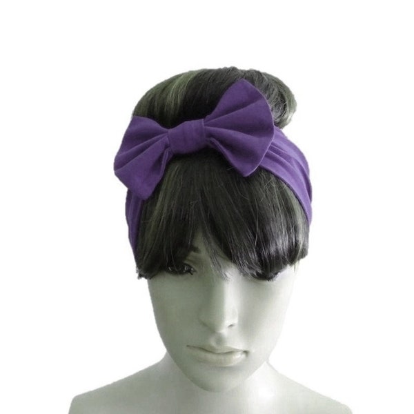 Deep Purple  Hairband. Bow Headband Stretch Head Wrap. Soft Cotton Spandex Hair Wrap.