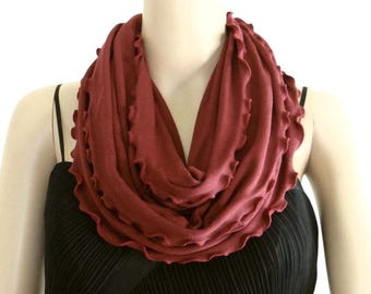 Dark Burnt Orange Circle Scarf. Ruffle Edge Scarf. Loop Scarf. Soft Cotton Scarf. Fashion Infinity Scarf.