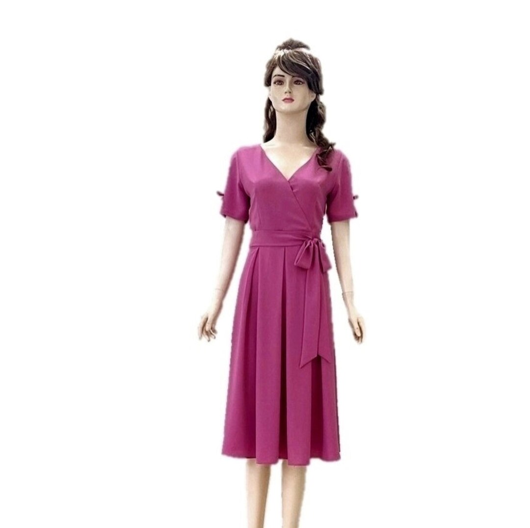 Magenta Bridesmaid Dress. Magenta Evening Dress. Silk Knee Length Dress. Dress With Sleeves.