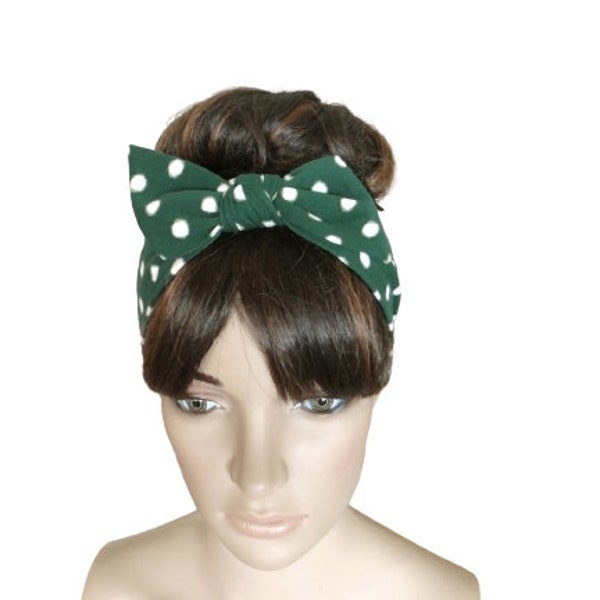 Green And White Polka Dot Hairband. Bow Headband Stretch Head Wrap. Soft Cotton Spandex Hair Wrap.