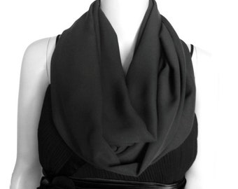 Black Infinity Scarf. Black Circle Scarf. Chiffon Scarf.