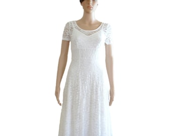 White Lace Dress. Evening Dress. Party Dress. Dress With Sleeves. Knee Length Dress