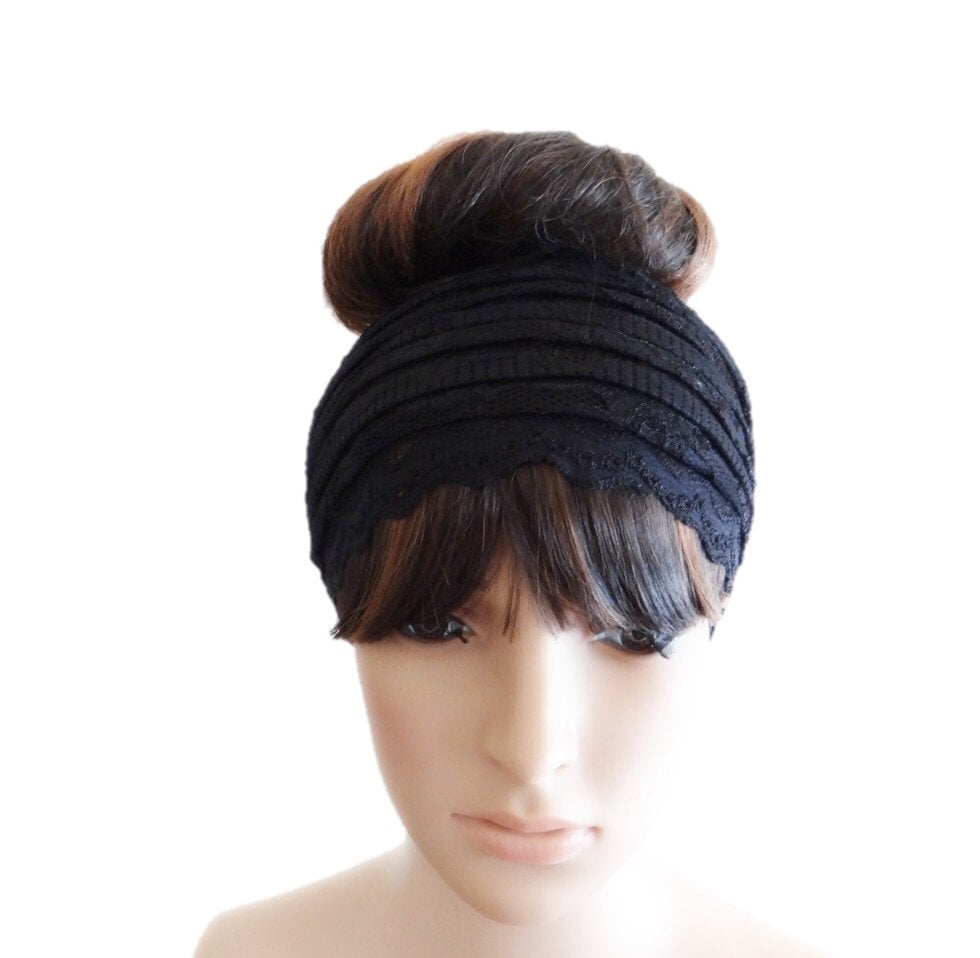 Stretch Twist Lace Headbands Set of 3- Tan/Black/White 